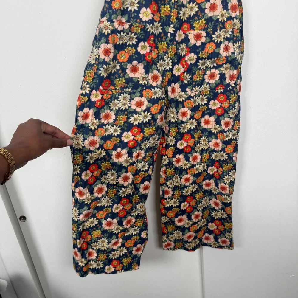 Bonton Girls Floral Smocked Jumpsuit Navy Blue Gold Lurex Tie Shoulder Size 8